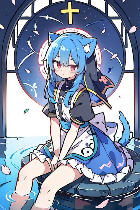 (masterpiece:1.2),Extremely detailed,Practical,expressive eyes,Fair skin,Perfect face shaping,1 Girl,
Japanese cartoons,Gorgeous blue hair, the long flowing blue hair,Floating clothes,Cat ears,Petals fall,beautiful lola,Young Angel,
Place your hands on you...