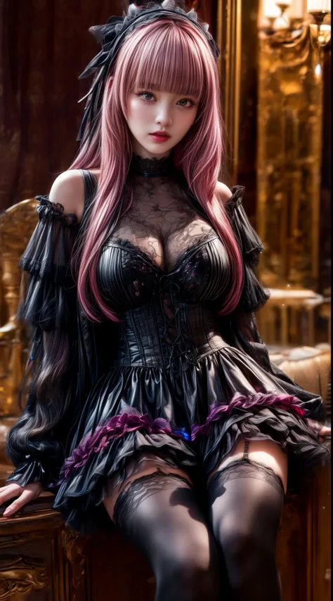 Pink Hair、Black Hair、((Gradient Hair))、Two-tone hair、Black Lolita dress with delicate pink embellishments、Slender women、Cute Woman、 8K Ultra HD, Delicate texture, Long Hair、(((blunt bangs)))、(((Drill Hair)))、Lace thigh-high tights、short boots、((Goth))、tutu...