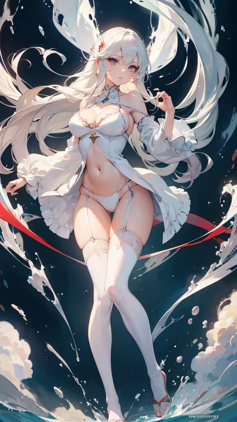 ((masterpiece, best quality)), Delicate face，assassin，Full body painting，Perfect body proportions，Large Breasts，Long legs，white hair，Long wavy hair，beautiful eyes，Fantasy style，Extremely beautiful，White background，Extremely beautiful，Clouds，Fire Magic，tran...