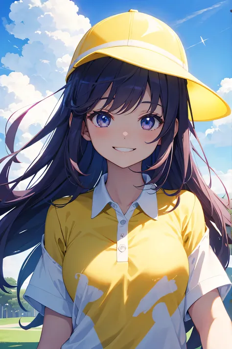 highest quality、anime、pretty girl、Polo shirt、un visor、Golf course、Sunny daytime、early summer、clear々A beautiful smile、A happy look、