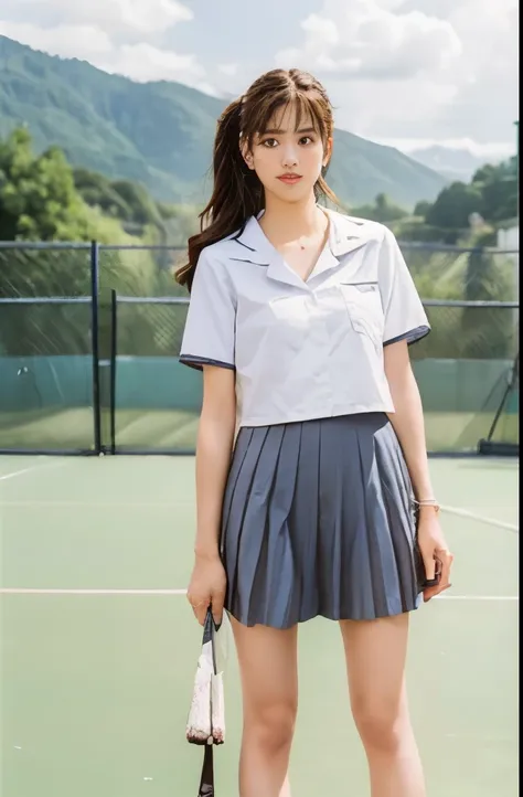 1 girl,(background: garden),looking at the audience,photopractical,practical,solitary,outdoor:2,flowers,blue sky and white cloud...