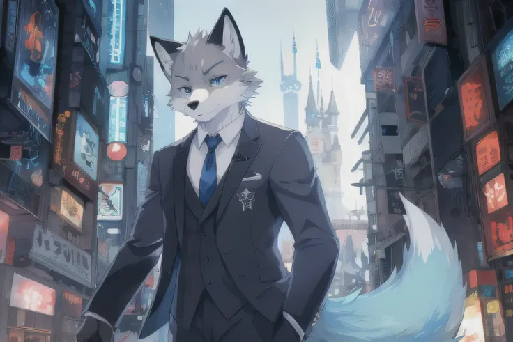 igh quality、masterpiece、(The environment is full of flowing wind:3)、(Bright blue eyes、High quality eyes)Anime style picture of a fox in a suit and a castle, portrait of Anthropomorphic fox, an Anthropomorphic fox, An anthropomorphic cyberpunk fox, Anthropo...