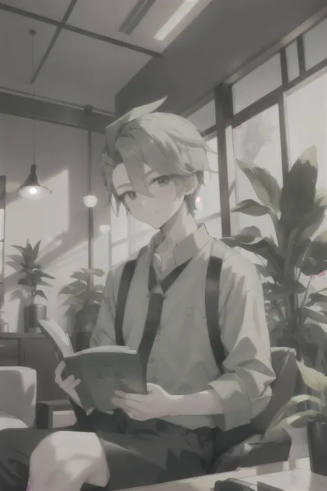 Kpop Boy, Sage green hair, 緑のcuteセーターを着た, Sit near plants, In the living room, Chilrofi, cute, Formal, professional seating, Happy, reading