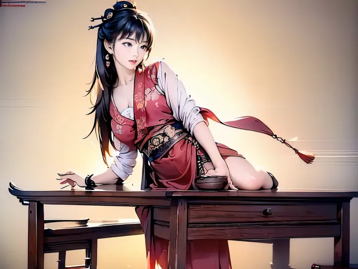 ((high-definition Chinese traditional ink image, hanfu)), eyes realistic sizing, drooping eyes, smiling, ((spread legs, standing and straddling to hit her crotch on a corner of the table for masturbation)), ((pubic hair, large areolas, orgasm)), strong sun...