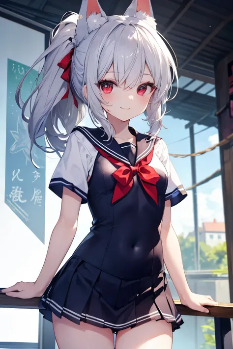 Silver Hair、Red Eye、Fox Ears、girl、Small breasts、ponytail、girl、Small breasts、Lolita、Bright smile、Looks about 15 years old、Petan Musume、short、目のhighlight、Sexy thighs、Short-sleeved sailor suit、mini skirt、Your eyes are so beautiful、highlight