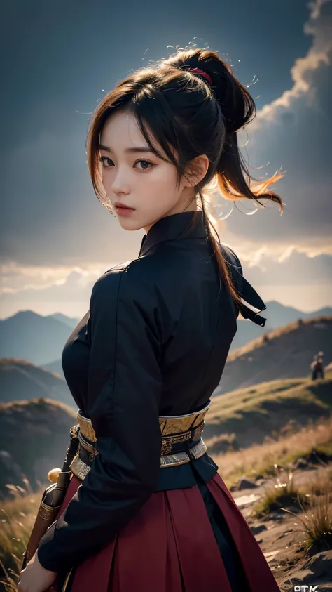 (ultra high definition, high quality,8k, masterpiece: 1.3), korean girl,  female warrior, ponytail, joseon warrior&#39;clothes, ...