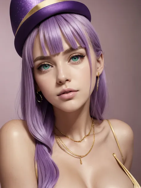 one American girl, realistic green eyes, long light purple lilac hair wearing a birthday hat, plump lips, , large chest, eye contact with viewer, wearing low cut v neck shirt, gold jewelry, plain background, shiny skin 