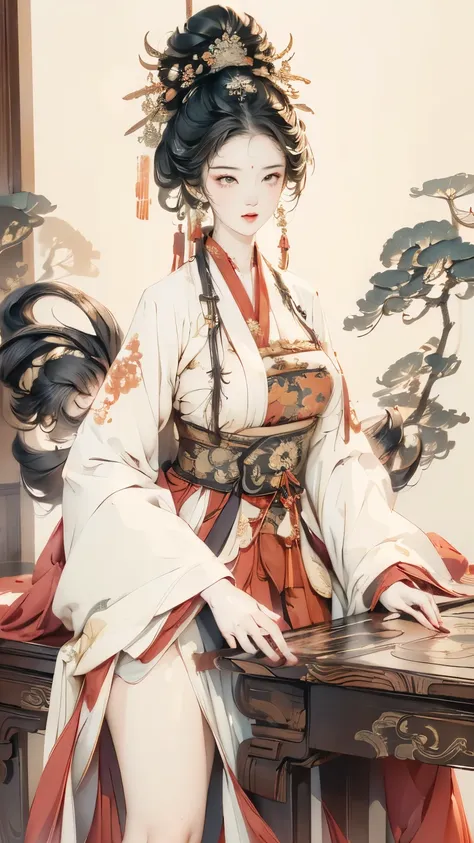 ((high-definition chinese traditional ink image, hanfu)), eyes realistic sizing, drooping eyes, smiling, ((spread legs, standing...