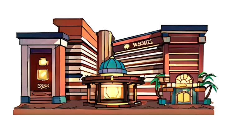 stylized game art of a shopping mall with fountains and palm trees, stylized concept art, detailed 2d illustrations, stylized di...