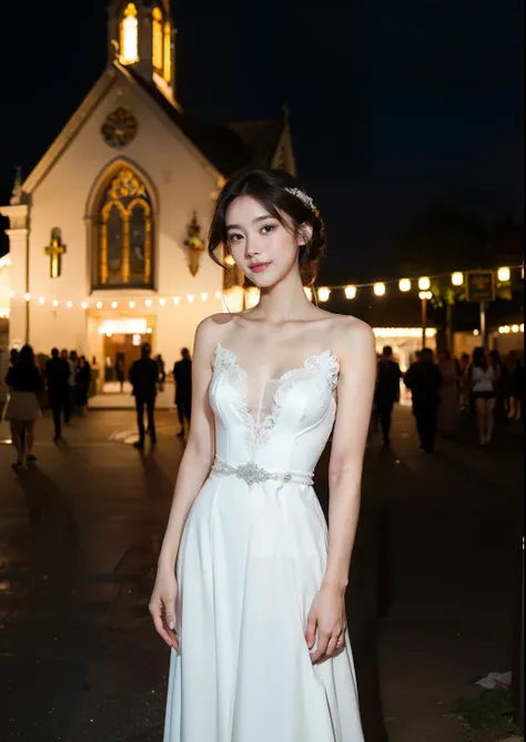 Beautiful 18 year old  skinny woman。She is wearing a wedding dress. She is smiling on illuminated by the evening church lights .  her dark brown hair. High resolution、masterpiece、highest quality、頭w:1.0、((Hasselblad Photos))、fine skin、(movie lighting)、clavi...