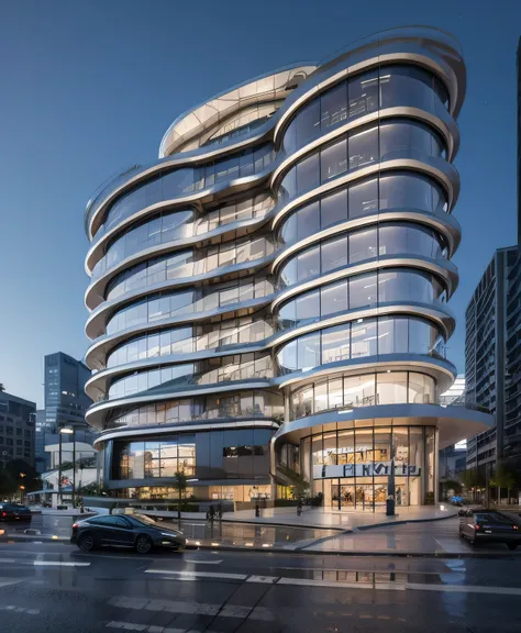 L'image depicts a busy street with a tall building and a bus stop nearby.. La rue est remplie de trafic, y compris les voitures et un bus, se déplaçant dans diverses directions. Il y a plusieurs personnes qui marchent sur le trottoir, certains d'be...