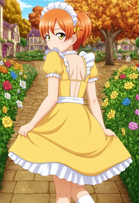 masterpiece, best quality, from behind,hoshizora rin, yellow eyes, orange hair, maid headdress, yellow sundress, yellow dress, f...