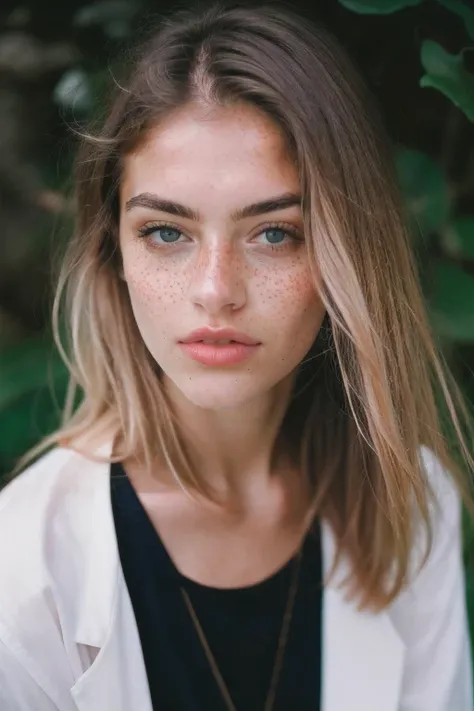 Stunning woman with freckles, Portra 400 film photo, analog inspiration