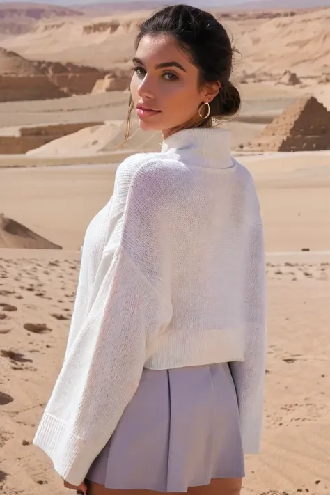 A woman in a white sweater and purple skirt, a pastel, wearing a desert poncho, trending photo, beauty, in egypt.