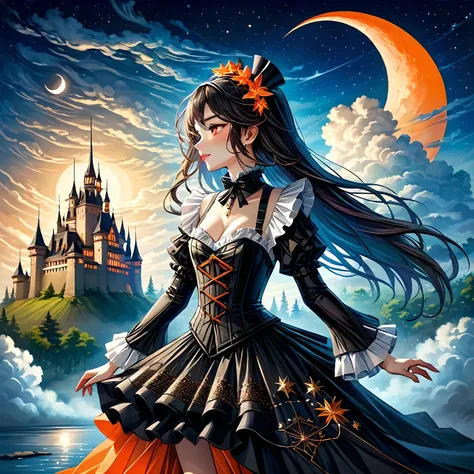 Elaborate illustration of maid with aura of loyalty, intricate detailed corset, profile, vivid contrasts, gentle touch rendering, exact detail, precision, fluffy clouds and crescent moon, single shooting star, (orange neon shooting star trails), high quali...