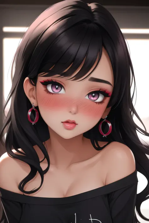 Amazing portrait of a sexy woman with a beautiful face emphasised by amazing makeup and black hair and seductive eyes in an intense gaze with her mouth parted and a deep blush on her face as shes flustered wearing an off shoulder t shirt