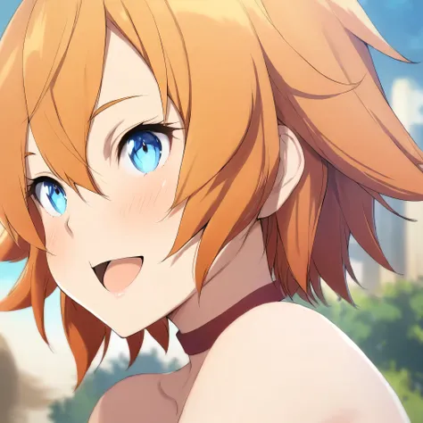 (masterpiece),(best quality),(ultra-detailed),(best illustration),(best shadow),(absurdres),(detailed background),(very aesthetic), philia(sao), 1girl, blue eyes, solo, short hair, open mouth,smile, blush, orange hair, choker, very close-up, portrait