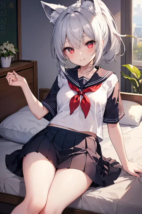 Silver Hair、Red Eye、Fox Ears、girl、Small breasts、ponytail、girl、Small breasts、Lolita、Bright smile、Looks about 15 years old、Petan Musume、short、目のhighlight、Sexy thighs、School、Short-sleeved sailor suit、mini skirt、Your eyes are so beautiful、highlight