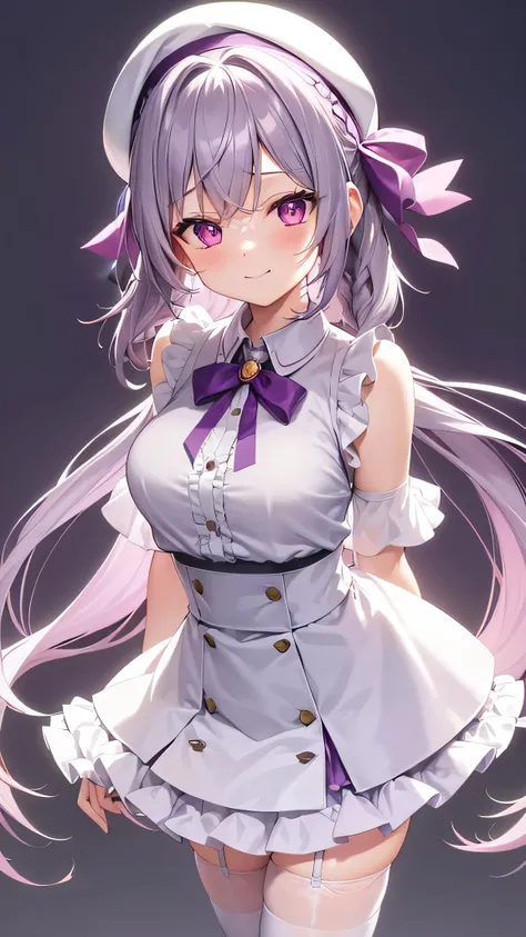 1girl, solo, thighhighs, virtual youtuber, white thighhighs, grey hair, sleeveless, hat, shoes, full body, purple eyes, twin braids, braid, frilled thighhighs, skirt, looking at viewer, white headwear, breasts, white footwear, sleeveless shirt, arms at sid...