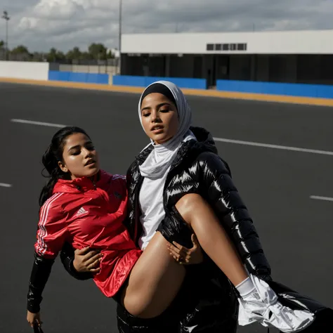 a soccer venue in Somalia, a desparated somali hijabi-girl is standing in a laquered and very shiny quilted coat and carries a man in matte sportswear in her arms, a shouting arab muslim-woman carries a man in dull sportswear, a woman carries in her arms a...