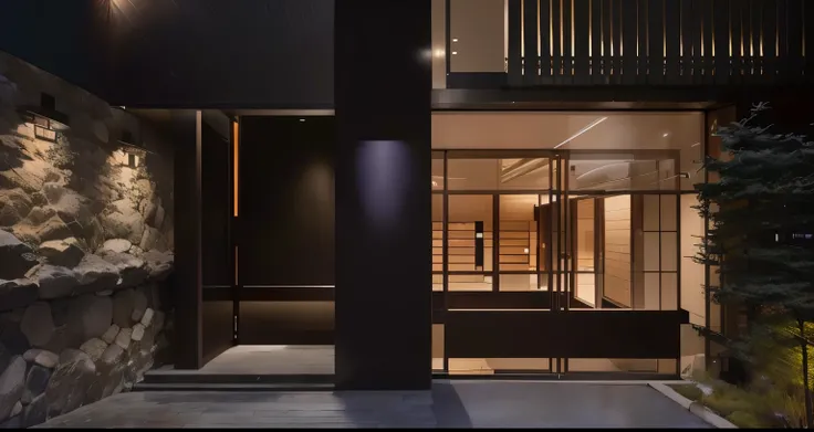 Close up of a building with glass doors and stone walls, High-end hot springs, Inspired by Ito Jakuchu, koji morimoto shinjuku, Inspired by the, Inspired by Tadashi Asai, Inspired by Yoshida Toshi, Kyoto Inspired, Modern luxury apartment as storefront