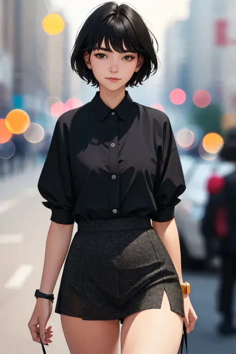 One Girl, 18-year-old, short hair, Black Hair,  Detailed face, Watch Viewer, Realistic, Depth of written boundary, Bokeh, 8k, masterpiece, best quality, raw photo,