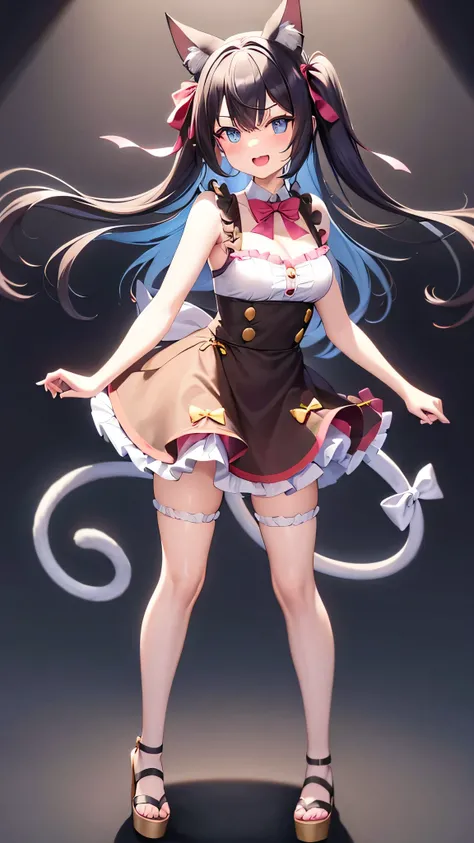 1girl, solo, blue eyes, animal ears, socks, virtual youtuber, black hair, long hair, bell, multicolored hair, smile, full body, dress, blue hair, bow, looking at viewer, cat ears, neck bell, open mouth, breasts, :d, standing, kneehighs, frills, jingle bell...