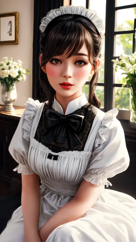 A maid in a white long dress with lace details, black bow, and black stockings, indoor, vintage style, soft lighting, delicate details,illustration,ultra-detailed,(realistic,photo-realistic:1.37),vivid colors,HDR,studio lighting