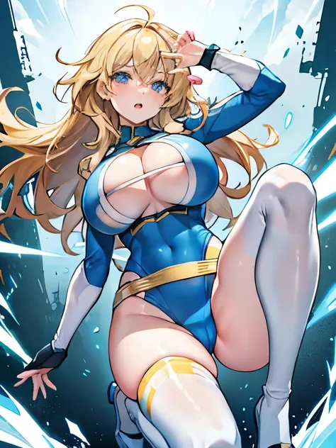 Browsing Caution,Power girl grabbing big breasts 、Dynamic pose、Messy long wavy hair、I want to see up to my knees