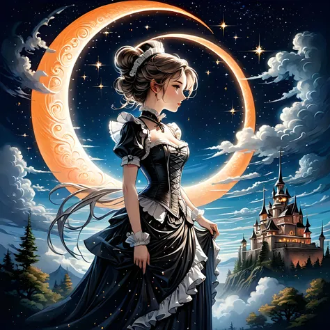 Elaborate illustration of maid with aura of loyalty, intricate detailed corset, profile, vivid contrasts, gentle touch rendering, exact detail, precision, fluffy clouds and crescent moon, single shooting star, (orange neon shooting star trails), high quali...