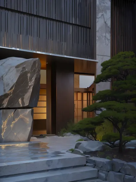 There is a large stone on the steps of a building, High-end hot springs, Hase Ryoji, Inspired by Ito Jakuchu, Inspired by Yoshida Toshi, outdoor filming, Inspired by Takeuchi Seihō, Inspired by Tadao Ando, artistic masterpiece, Inspired by Ando Kaigetsudo