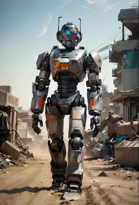 arafed robot standing in a dirty area with a lot of junk, full body robot with human mask, mech robot futuristic, portrait of a futuristic robot, robot made of truck parts, futuristic robot, humanoid robot, chappie the robot, robotic, robotical, scifi robo...