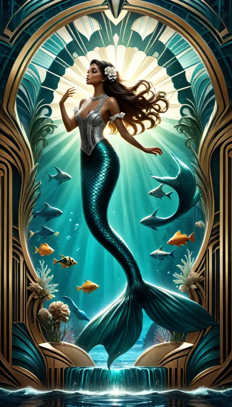 high details, best quality, 16k, ultra detailed, masterpiece, best quality, ((art deco style: 1.5)), full body, ultra wide shot, RAW, photorealistic, fantasy art, dnd art, rpg art, realistic art, an ultra wide picture of a mermaid under the sea (intricate ...