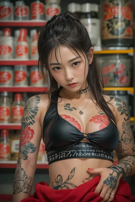 raw image quality, japanese, 14 years old, embarrassed expression, girl and horihada, yakuza, japanese mafia, background of toky...