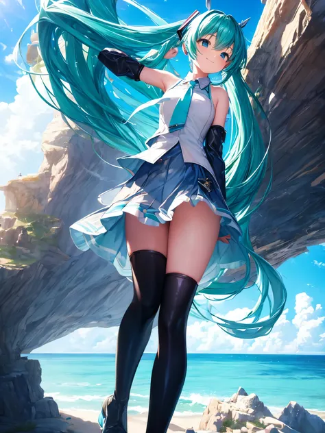 ((masterpiece)),(highest quality),Official Art,Highly detailed CG,unity 8k wallpaper,Super detailed,Lighthouse on top of a cliff by the sea,One girl,alone,Cowboy Shot,Hatsune Miku,View Viewer,Sleeveless shirt,White shirt,fringe,smile,Black knee socks,Hair ...