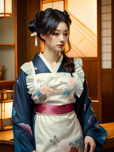 Beautiful young woman、A waitress at a cafe in the early Showa period、(Exquisitely painted traditional Japanese kimono:1.55)、(A large frilly white apron is worn over the kimono.:1.5)、Traditional Japan hairstyles、white ruffle headband、(highest quality、4k、8k、...