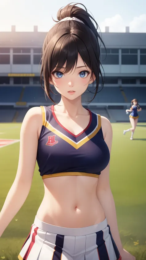 1girl, natural lighting, masterpiece, highly detailed, illustration, game CG, absurdres, high quality, beautiful detailed eyes, ponytail, bangs, glossy lips, collarbone, cheerleader, midriff, school field