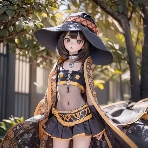 Chibi contrapposto pose girl wearing big hat, Flat Chest, And then Megumin appears. -> Eyes Beautiful and graceful eyes,nose,LipsBeautiful detailed lips,theme&#39;s cute smile,Chibi Contrap Place,Megumin character variations,People wearing large hats or bo...