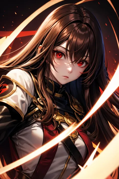 Long brown hair, red eyes, mask, female, pale skin, scissors, horror background