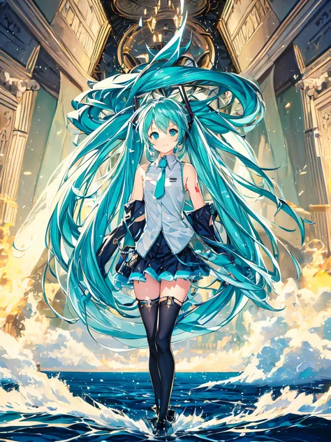 ((masterpiece)),(highest quality),Official Art,Highly detailed CG,unity 8k wallpaper,Super detailed,Lighthouse on top of a cliff by the sea,One girl,alone,Cowboy Shot,Hatsune Miku,View Viewer,Sleeveless shirt,White shirt,fringe,smile,Black knee socks,Hair ...