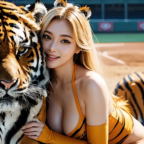 masterpiece, best quality, perfect anatomy, (tiger woman hybrid:1.4), fantasy scene, Japanese female, blonde hair, (big breasts:1.4), smile, yellow and black, in the baseball stadium