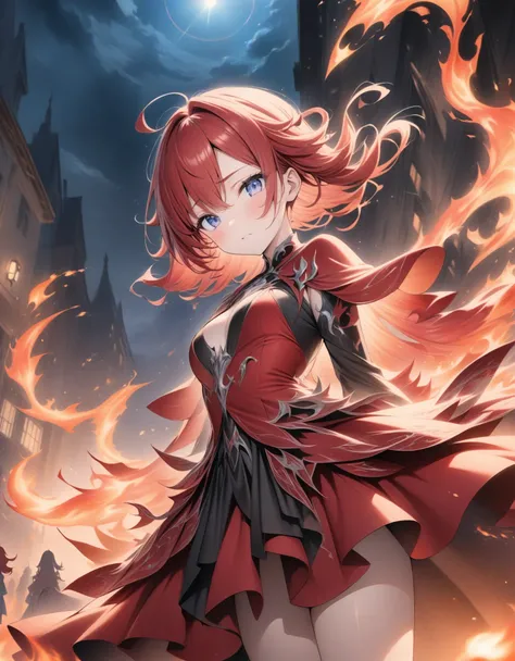 ((style:Colored pencil,pale colour)),(anime)、(masterpiece:1.2),atmospheric perspective,lens flare、Princess of Flame、Otherworldly fantasy、cute、Flames swirling all around、Red costume inspired by flames、Light effects、Fire effect、Slanted Eyes、Red Hair