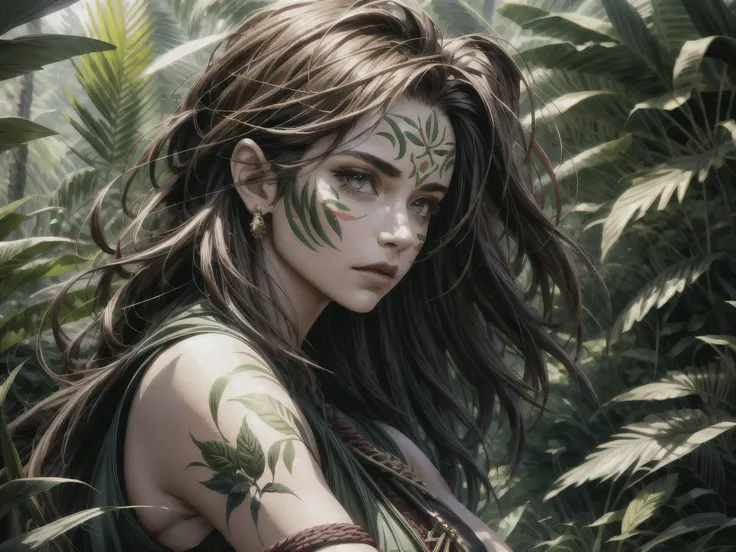 a girl in a lush jungle, tribal face paint, long brown hair, intense eyes, spear in hand, surrounded by tribal warriors, dynamic action pose, cinematic lighting, vibrant colors, highly detailed, photorealistic, (best quality,4k,8k,highres,masterpiece:1.2),...