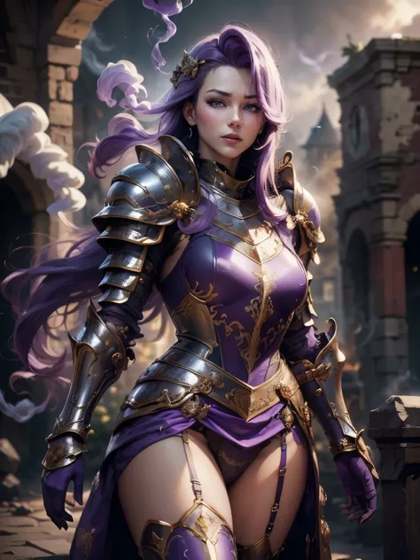 (Masterpiece, Superb Detail, Super Detailed, High Resolution), Male Focus, (((Female Armor))), (((Armor Purple Dress Set))), (She Has Long Purple Hair, Medium Breasts, Slim, perfect body, beautiful face), look at viewer, (((purple panty))), (((smoke))), Ci...