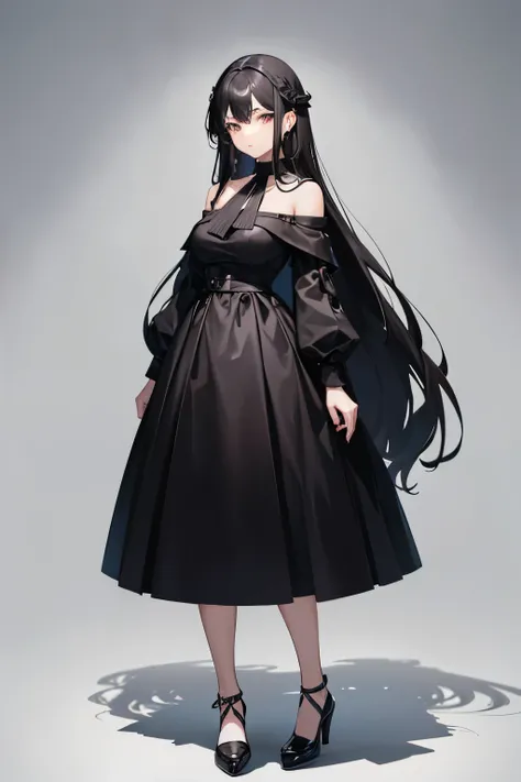 1 female, Black Hair, Big dark eyes, Delicate face, cute, Full-body portrait, Down to the shoes,Are standing,long hair,cute,Black dress,Ultra HD, masterpiece, highest quality, Super detailed, Accurate