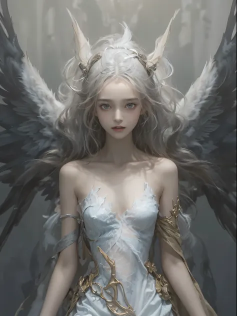 (white color concept:1.0),a girl like doll with angel wings, archdevil, nearly naked, thin body, skinny, small breasts, flat che...