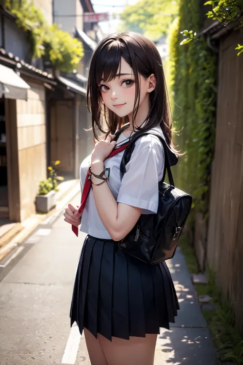 very cute and beautiful girl,(highly detailed beautiful face),(smile:1.2),looking at viewer, black hair,serafuku,(pleated navyblue mini skirt),standing,holding school bag, narrow alley in tokyo,stone wall in front of modern building,trees,shrubbery, (best ...