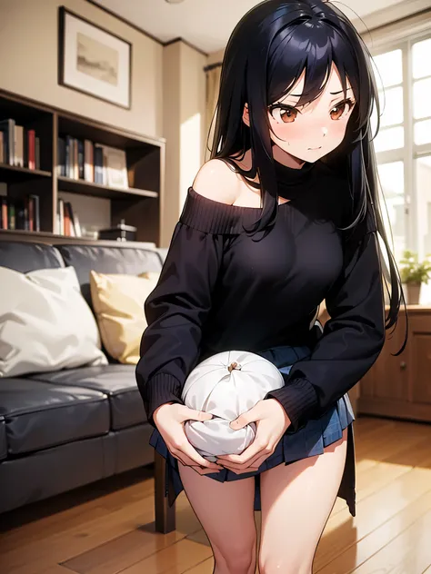 NSFW,One girl,sweater,Off the shoulder,Micro Mini Skirt,Small breasts,(Perfect hands),(Perfect Anatomy),(masterpiece),(highest quality),Embarrassed,blush,Home,living room,Are standing,Leaning forward