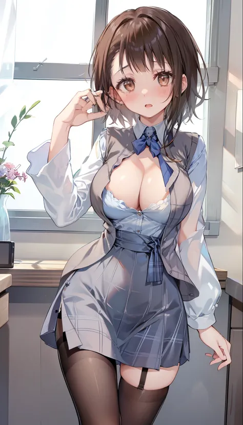 highest quality, Flying debris、Beautiful woman、Office Lady、Black Hair、(Brown eyes、Big Breasts、Blunt bangs)、short hair、Dark blue checked office suit)、new employee,Full Body Shot、Female office lady、break(Dark blue checked vest、White dress shirt、Navy blue min...