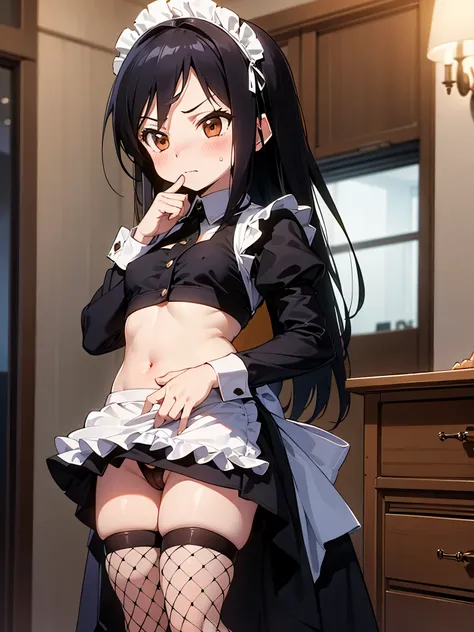 NSFW,One girl,(Maid clothes:1.3),(cropped:1.5),belly button,Micro Mini Skirt,Fishnet tights,Small breasts,(Perfect hands),(Perfect Anatomy),(masterpiece),(highest quality),Dissatisfied face,Embarrassed,blush,night,Luxury Room,Office